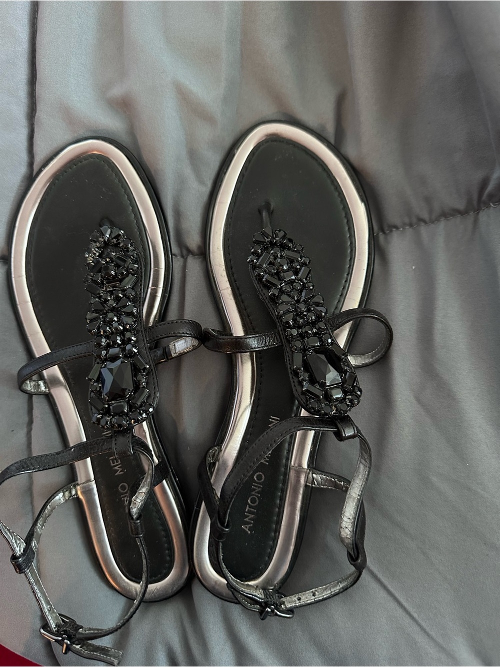 ANTONIO MELANI Black Jeweled T-Strap Sandals with Silver Trim